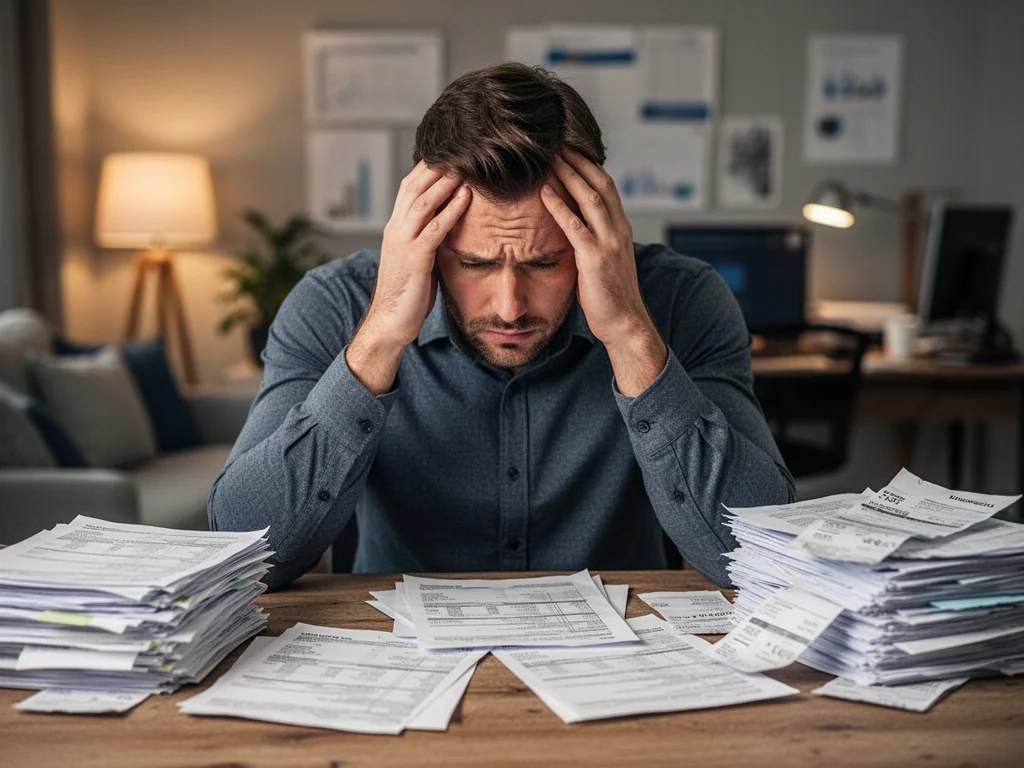 Zestresowany mężczyzna przy biurku z dokumentami finansowymi, symbolizujący trudną sytuację materialną i długi.