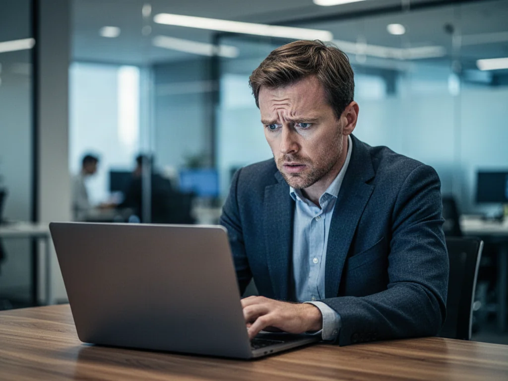 Zaniepokojony mężczyzna patrzący na ekran laptopa przy biurku, ilustrujący stres związany z zajęciem komorniczym.